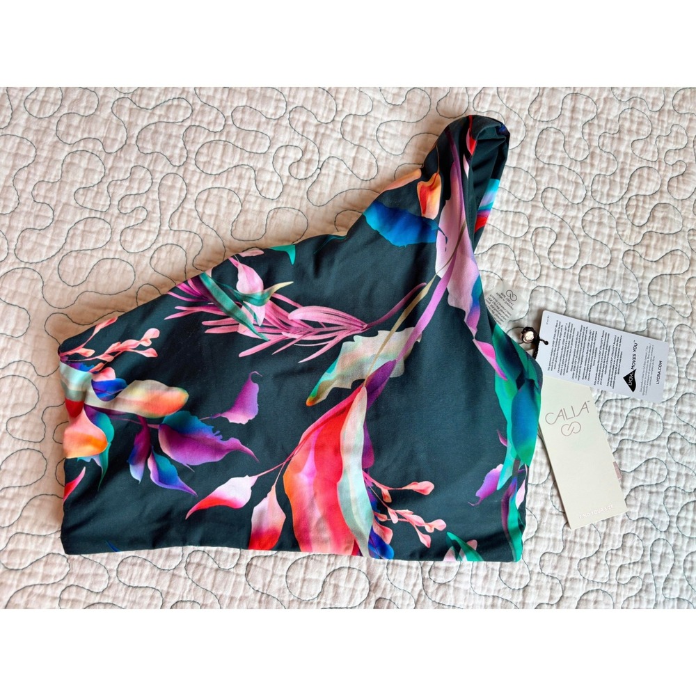 CALIA Womens Minimal One Shoulder Bikini Top Aqua Multi Floral Size‎ XS